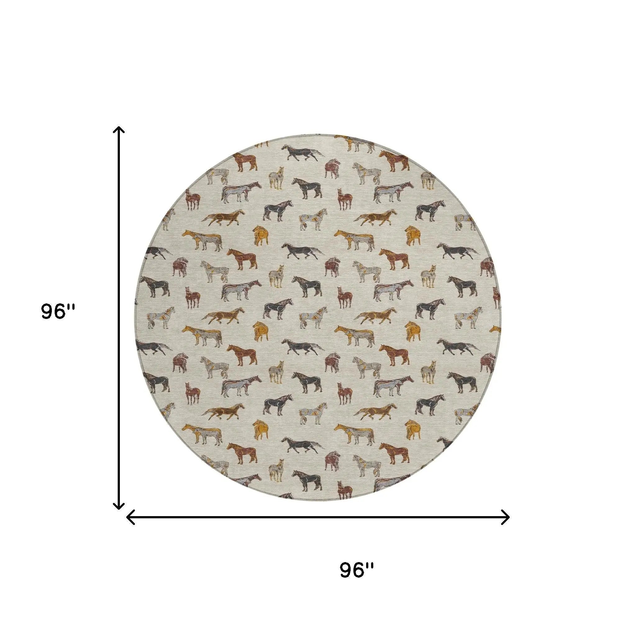 8' Beige And Brown Round Horse Washable Indoor Outdoor Area Rug Homeroots Outdoor