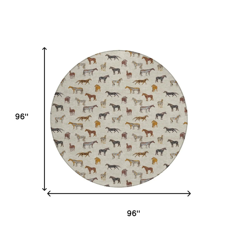 8' Beige And Brown Round Horse Washable Indoor Outdoor Area Rug Homeroots Outdoor