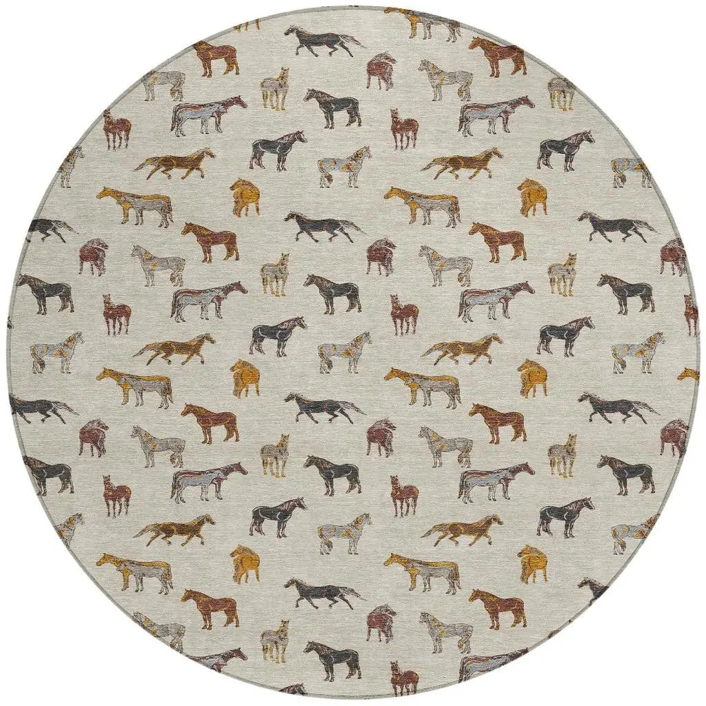 8' Beige And Brown Round Horse Washable Indoor Outdoor Area Rug Homeroots Outdoor
