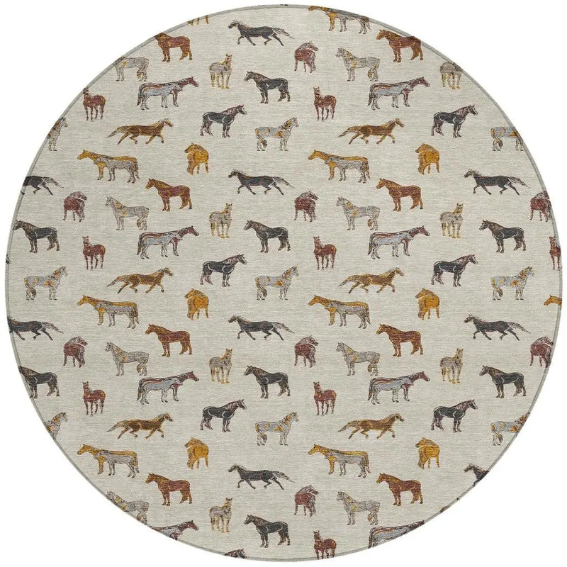 8' Beige And Brown Round Horse Washable Indoor Outdoor Area Rug Homeroots Outdoor