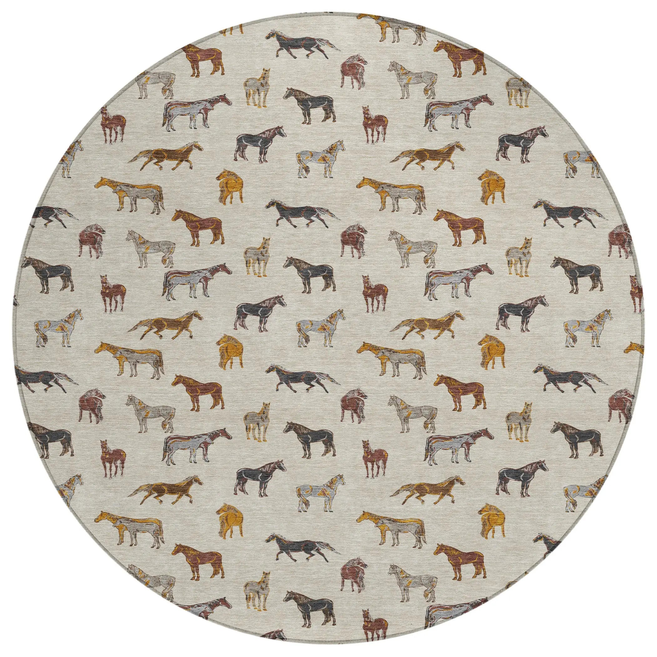 8' Beige And Brown Round Horse Washable Indoor Outdoor Area Rug Homeroots Outdoor