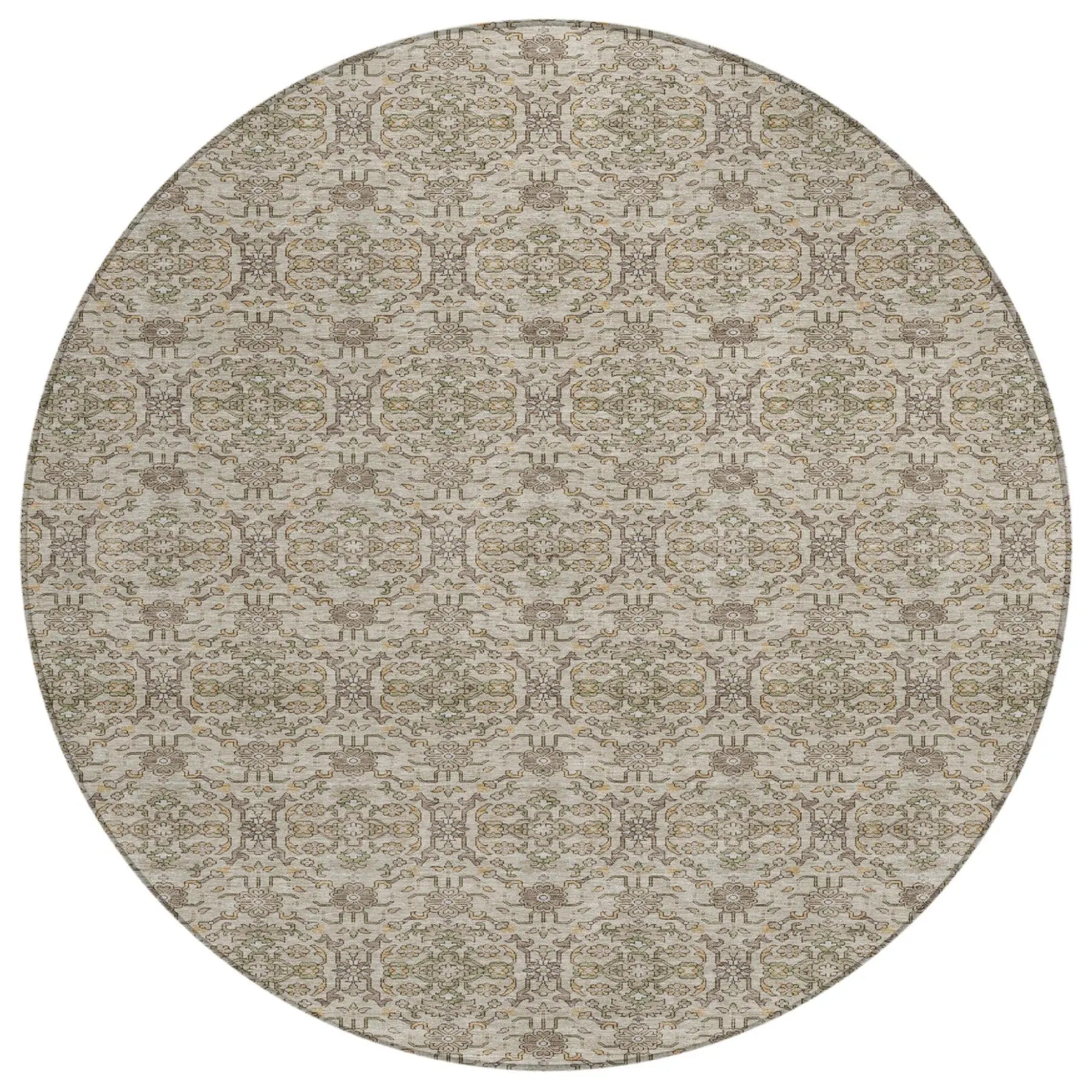8' Beige And Brown Round Oriental Washable Indoor Outdoor Area Rug Homeroots Outdoor