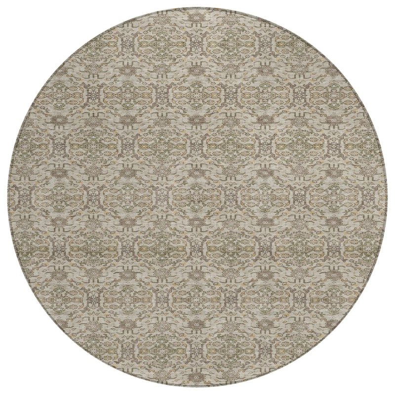 8' Beige And Brown Round Oriental Washable Indoor Outdoor Area Rug Homeroots Outdoor