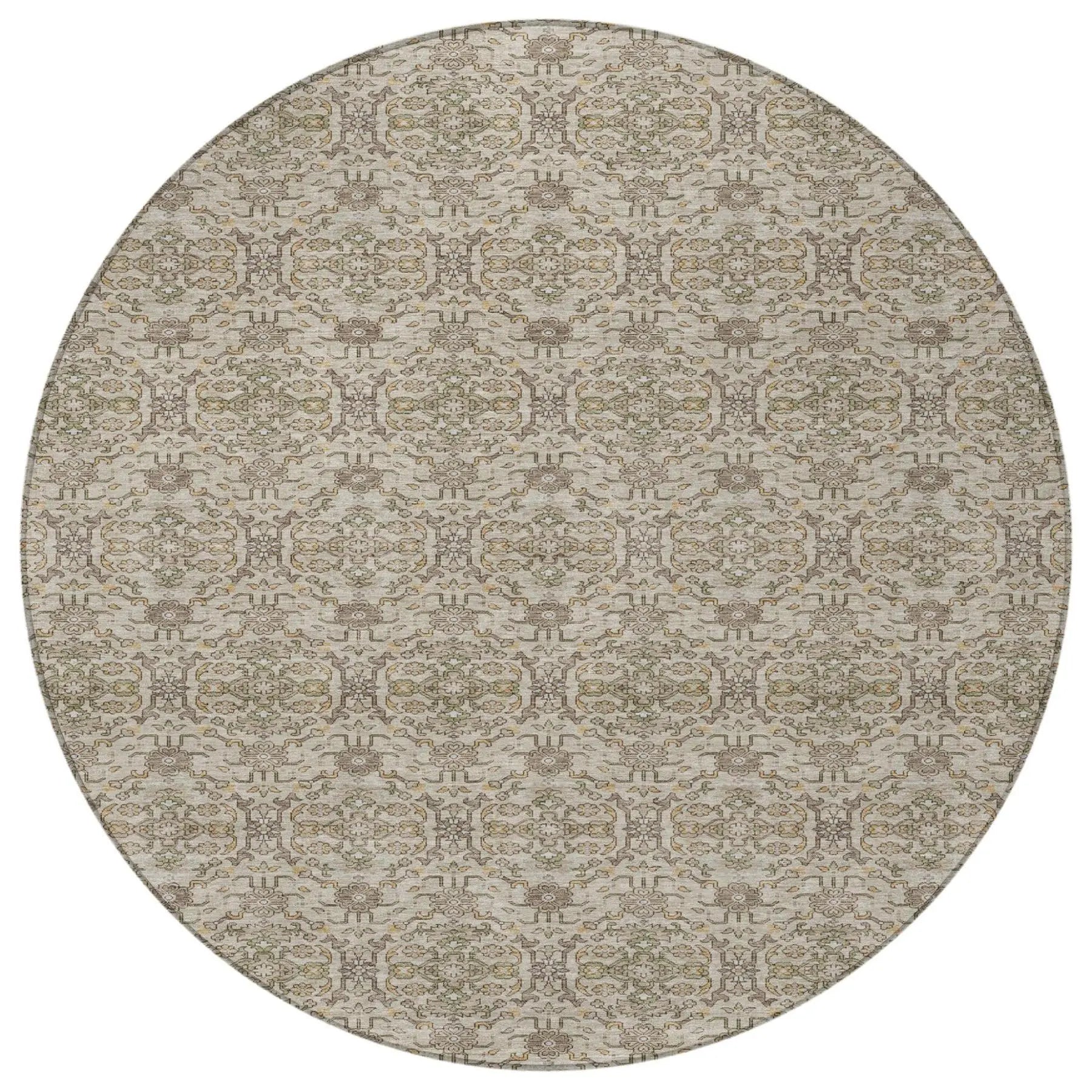 8' Beige And Brown Round Oriental Washable Indoor Outdoor Area Rug Homeroots Outdoor
