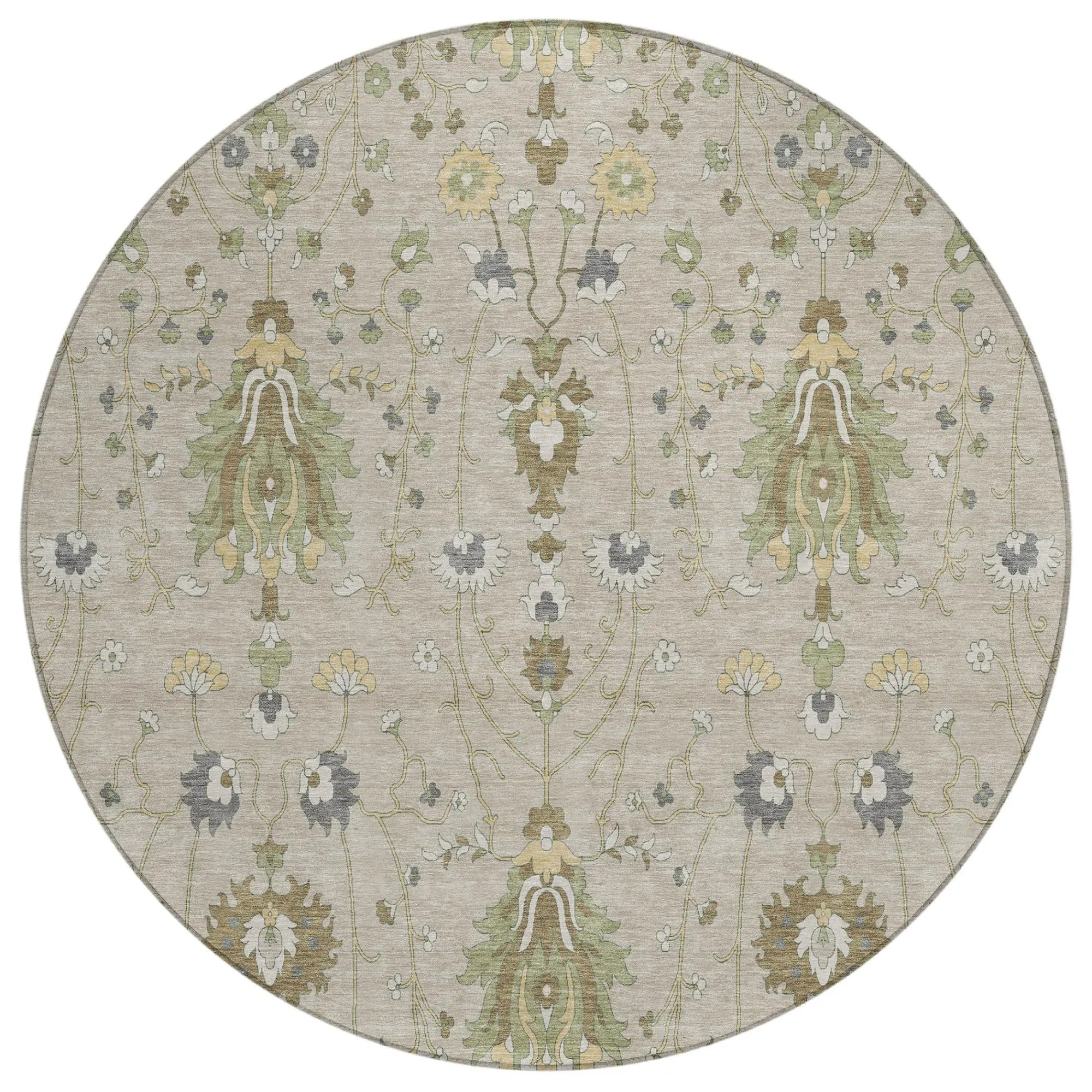 8' Beige And Brown Round Oriental Washable Indoor Outdoor Area Rug Homeroots Outdoor