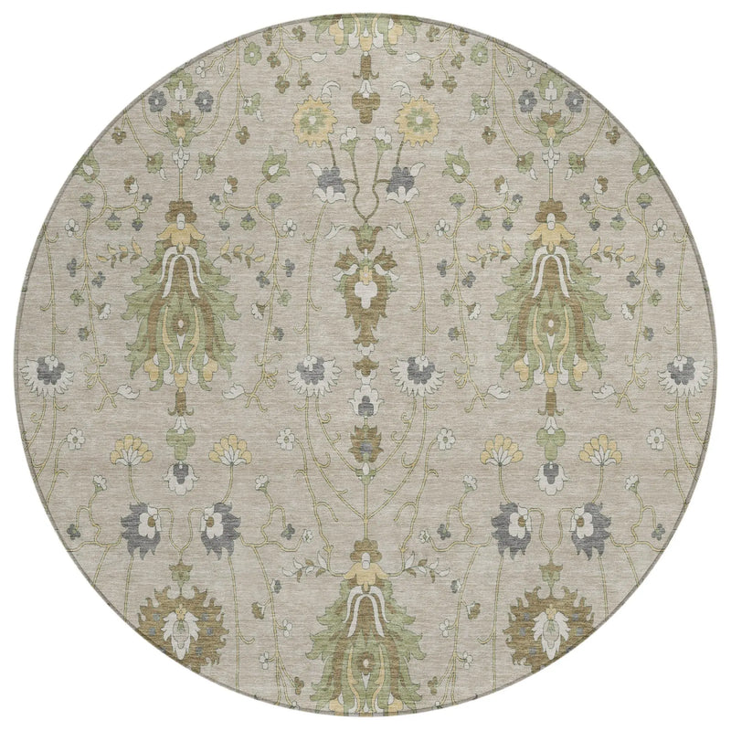 8' Beige And Brown Round Oriental Washable Indoor Outdoor Area Rug Homeroots Outdoor