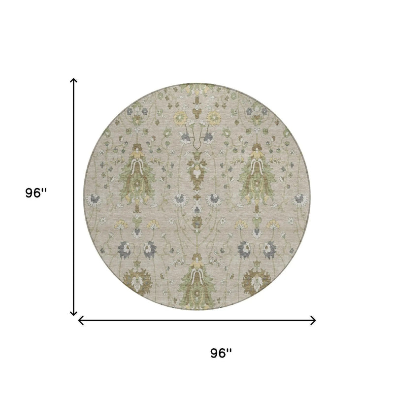 8' Beige And Brown Round Oriental Washable Indoor Outdoor Area Rug Homeroots Outdoor