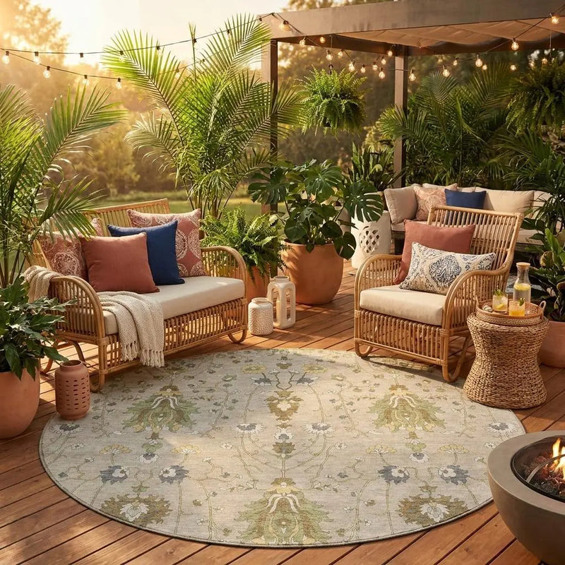 8' Beige And Brown Round Oriental Washable Indoor Outdoor Area Rug Homeroots Outdoor