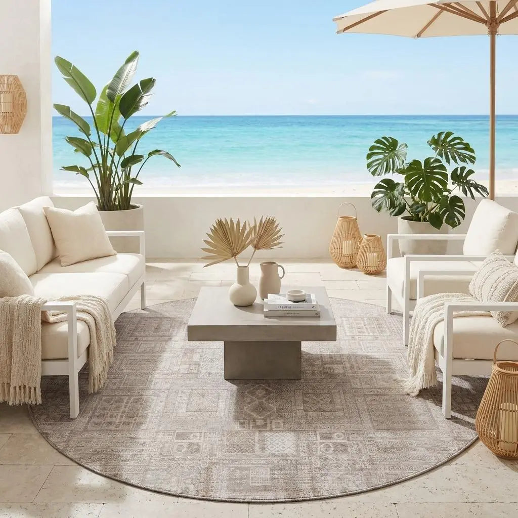 8' Beige And Brown Round Oriental Washable Indoor Outdoor Area Rug Homeroots Outdoor