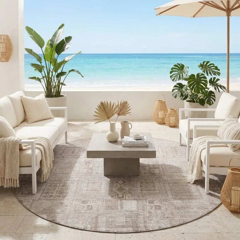 8' Beige And Brown Round Oriental Washable Indoor Outdoor Area Rug Homeroots Outdoor