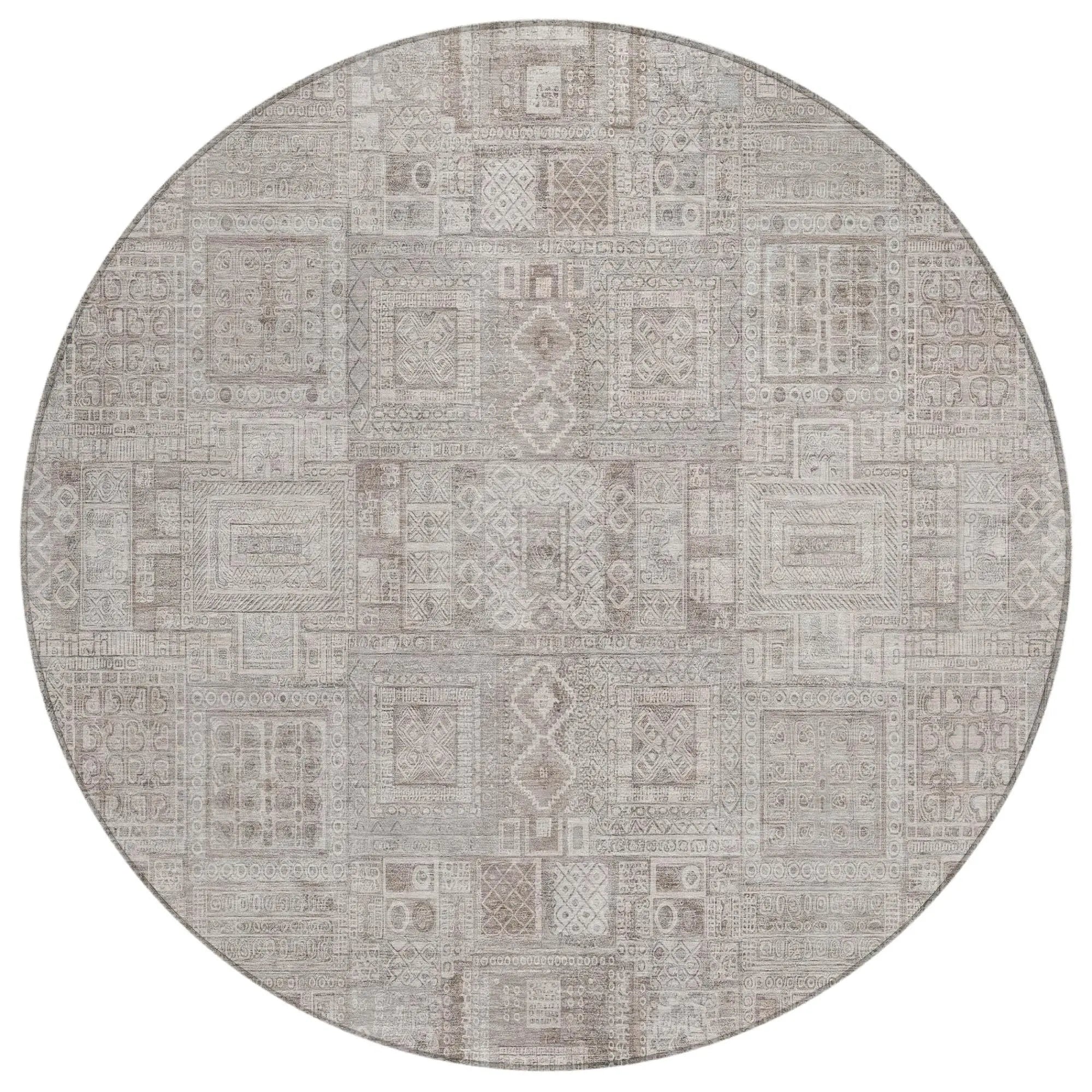 8' Beige And Brown Round Oriental Washable Indoor Outdoor Area Rug Homeroots Outdoor