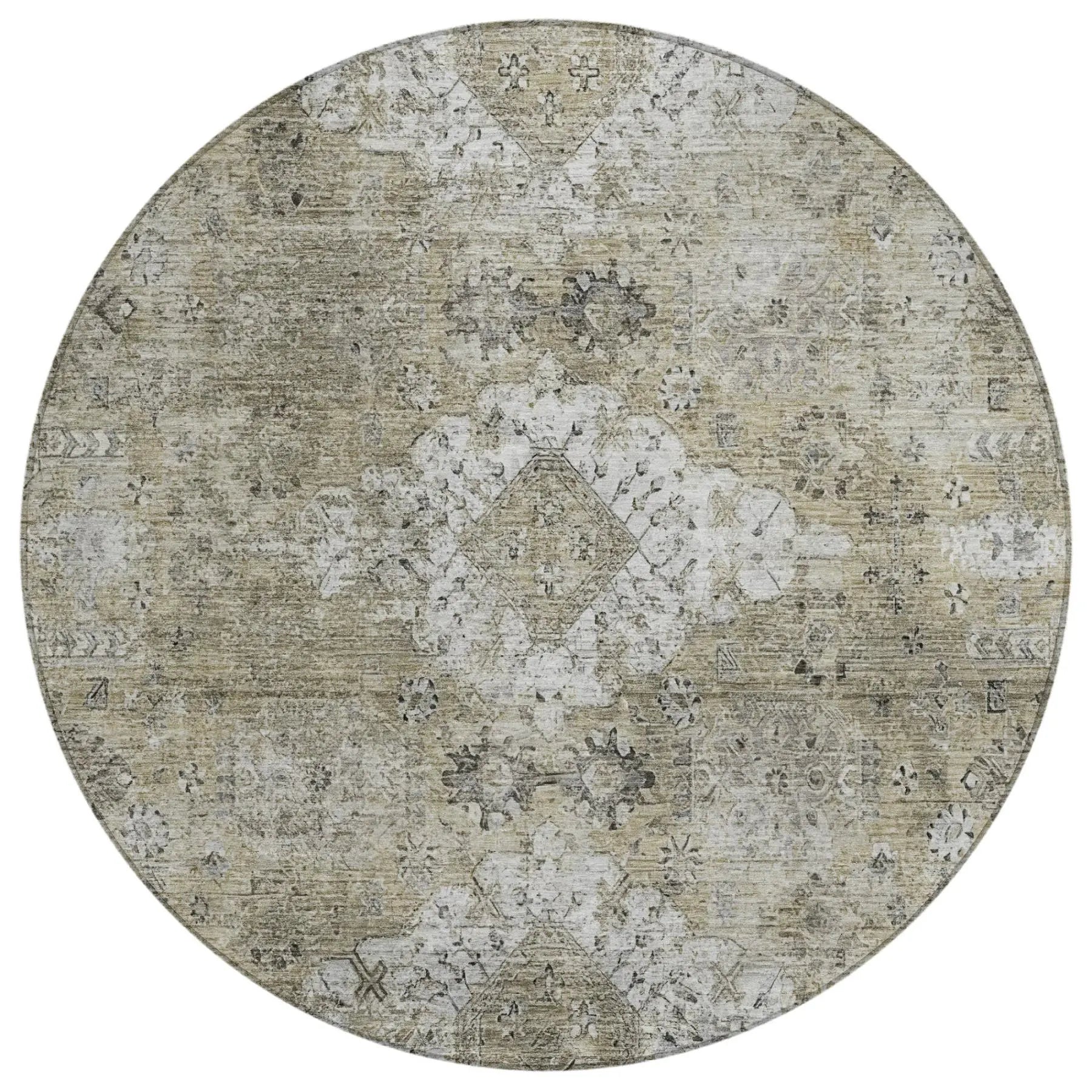 8' Beige And Brown Round Oriental Washable Indoor Outdoor Area Rug Homeroots Outdoor