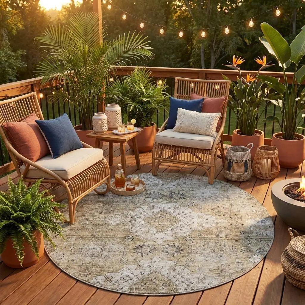 8' Beige And Brown Round Oriental Washable Indoor Outdoor Area Rug Homeroots Outdoor