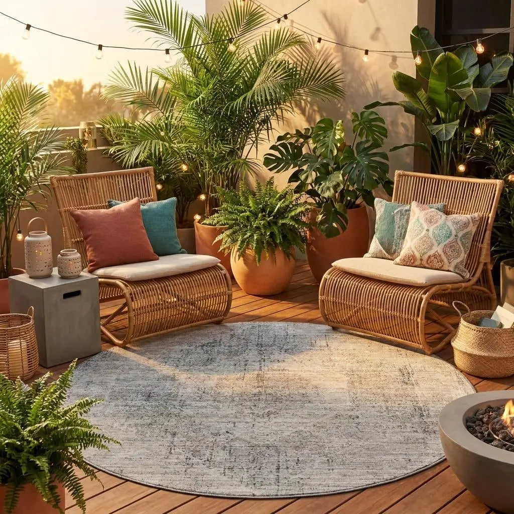8' Beige And Brown Round Oriental Washable Indoor Outdoor Area Rug Homeroots Outdoor