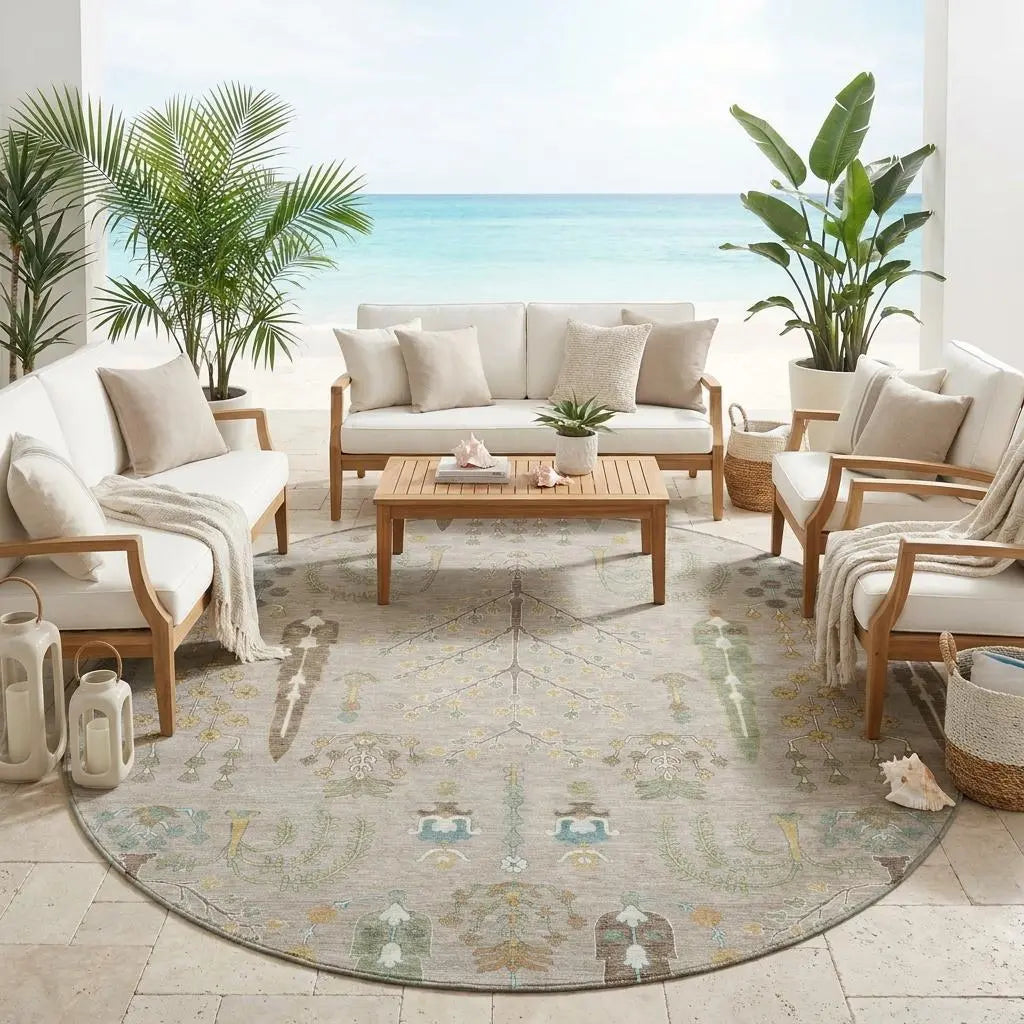 8' Beige And Brown Round Oriental Washable Indoor Outdoor Area Rug Homeroots Outdoor