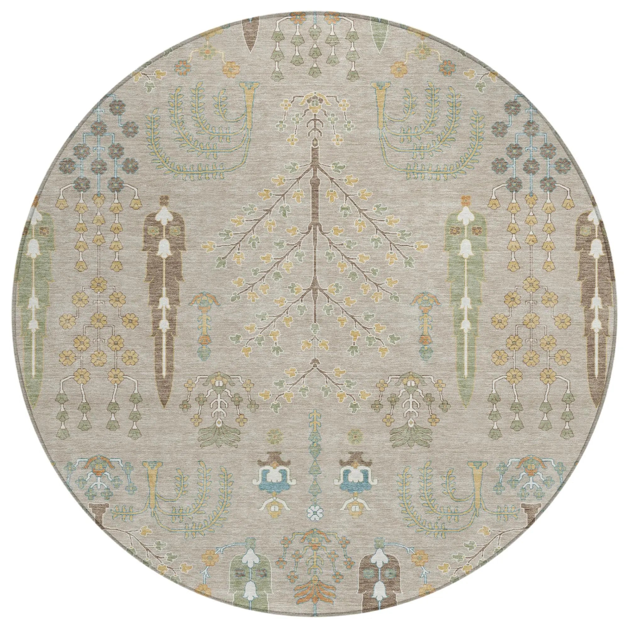 8' Beige And Brown Round Oriental Washable Indoor Outdoor Area Rug Homeroots Outdoor