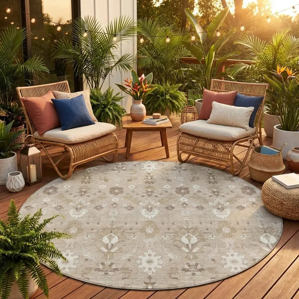 Beige floral-patterned round rug, perfect for outdoor decor, surrounded by rattan chairs, plants, and cozy cushions.