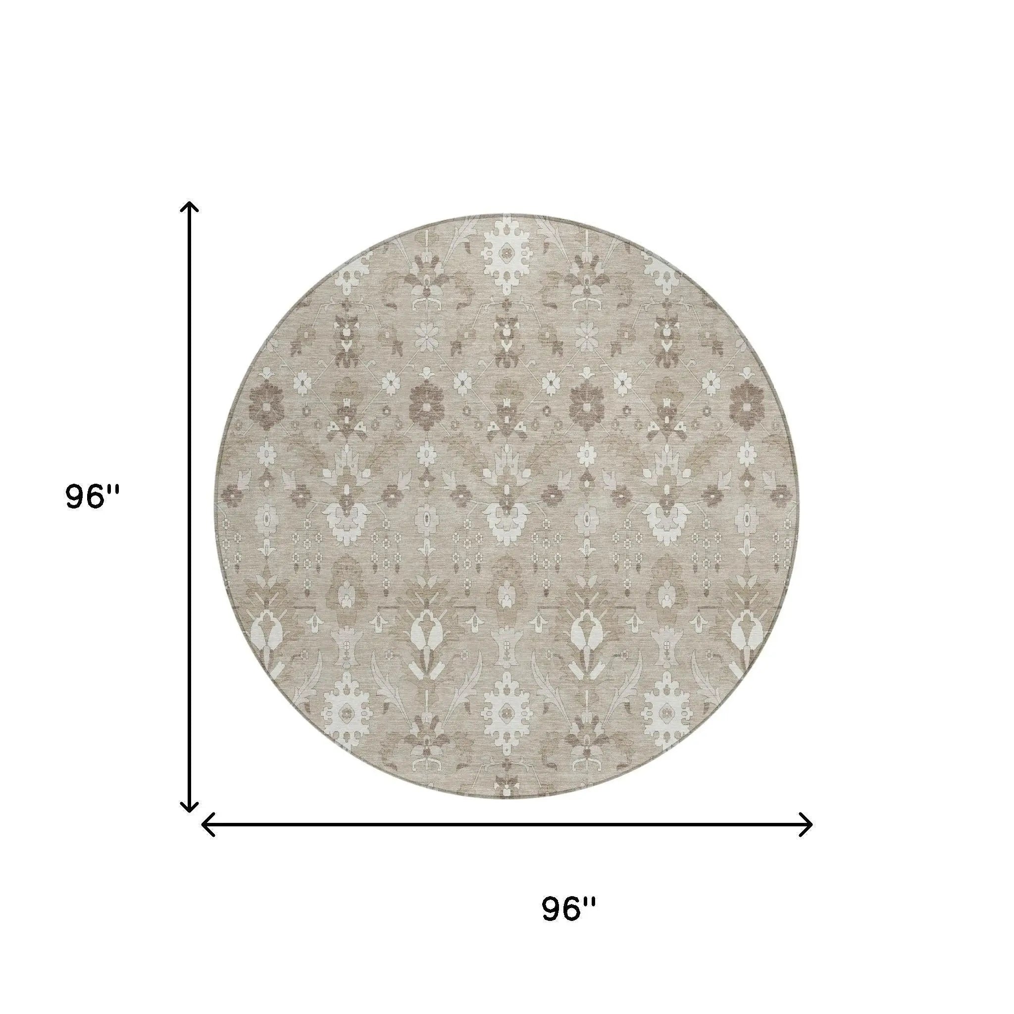 Round 96-inch vintage floral area rug in beige and cream, featuring intricate patterns for a boho chic vibe.