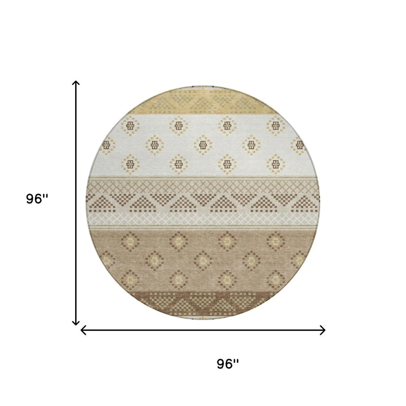 8' Beige And Brown Round Striped Washable Indoor Outdoor Area Rug Homeroots Outdoor