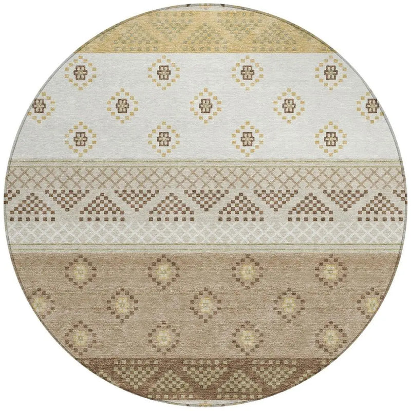 8' Beige And Brown Round Striped Washable Indoor Outdoor Area Rug Homeroots Outdoor
