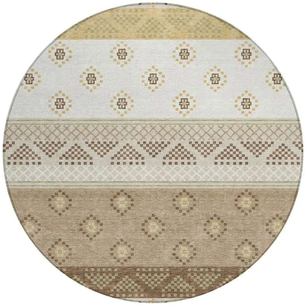 8' Beige And Brown Round Striped Washable Indoor Outdoor Area Rug Homeroots Outdoor