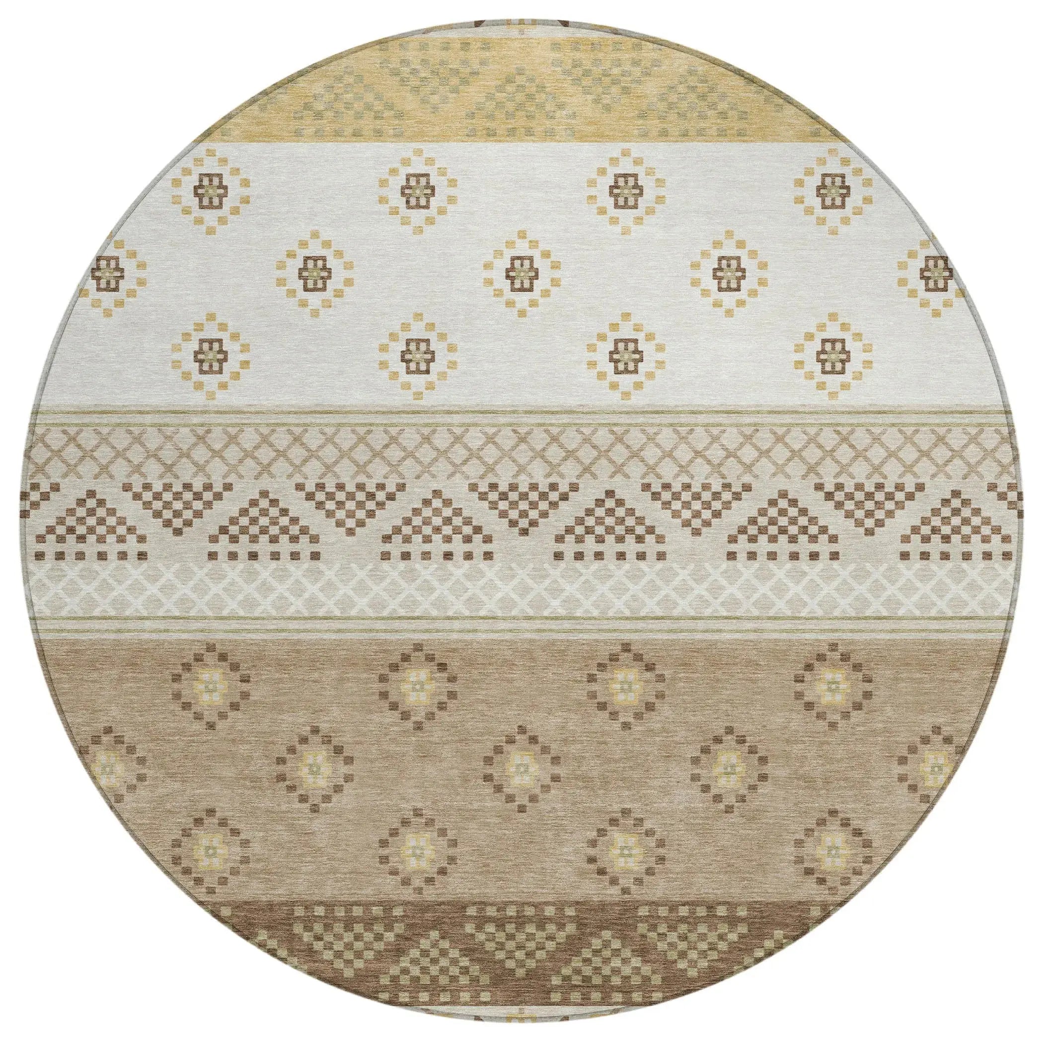 8' Beige And Brown Round Striped Washable Indoor Outdoor Area Rug Homeroots Outdoor