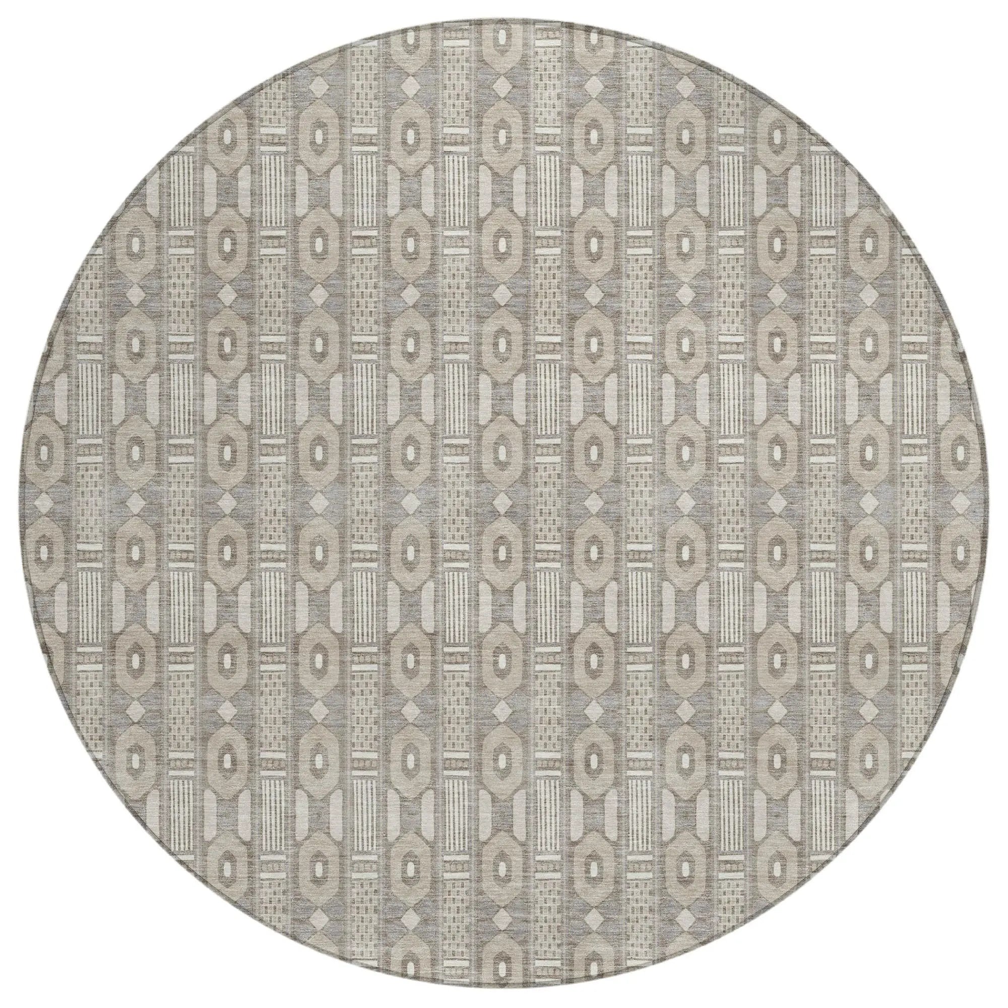 8' Beige And Brown Round Striped Washable Indoor Outdoor Area Rug Homeroots Outdoor