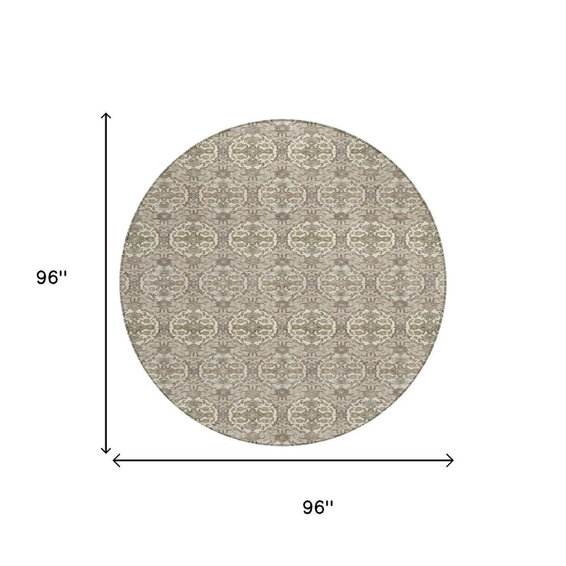8' Beige And Brown Round Striped Washable Indoor Outdoor Area Rug Homeroots Outdoor