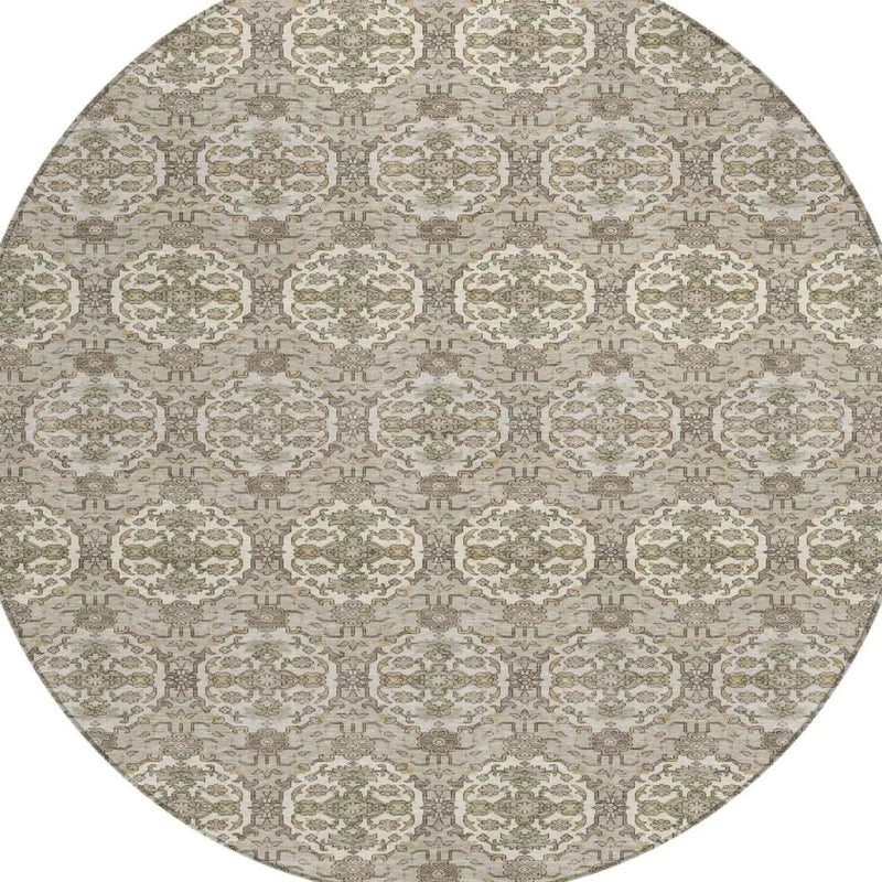 8' Beige And Brown Round Striped Washable Indoor Outdoor Area Rug Homeroots Outdoor