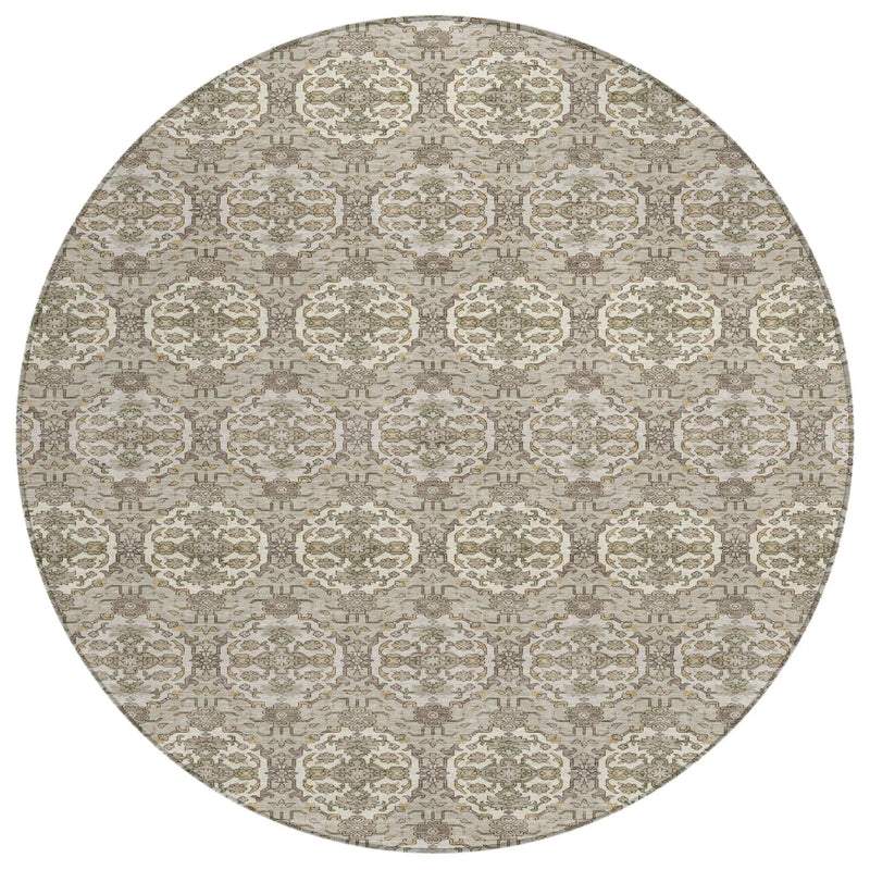 8' Beige And Brown Round Striped Washable Indoor Outdoor Area Rug Homeroots Outdoor