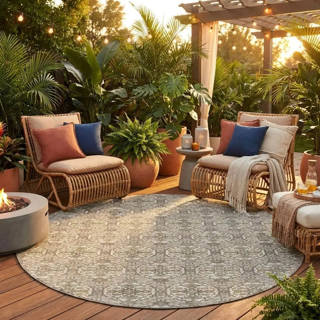 8' Beige And Brown Round Striped Washable Indoor Outdoor Area Rug Homeroots Outdoor