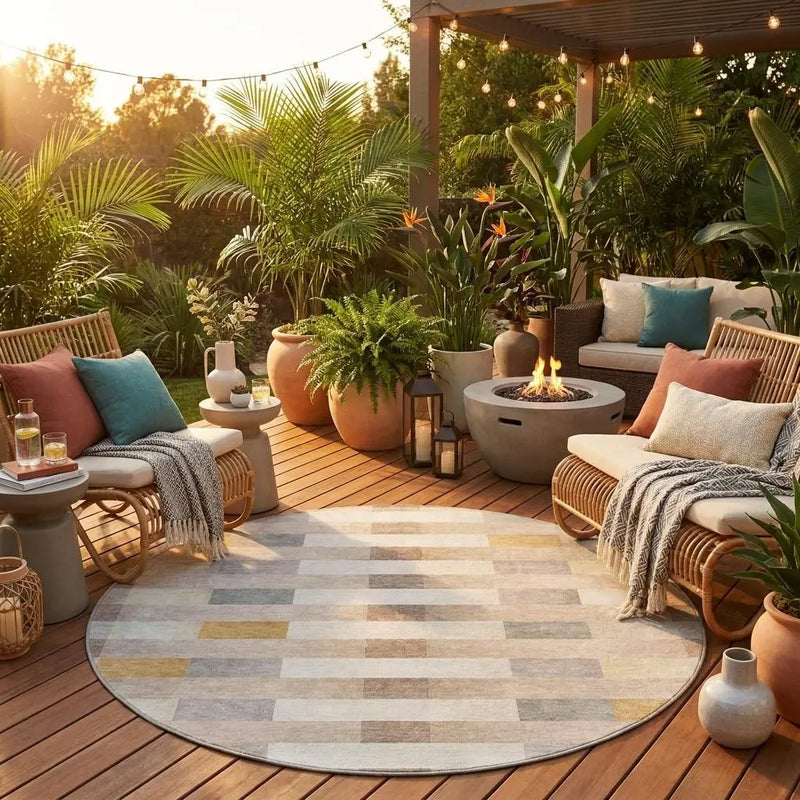 8' Beige And Brown Round Striped Washable Indoor Outdoor Area Rug Homeroots Outdoor