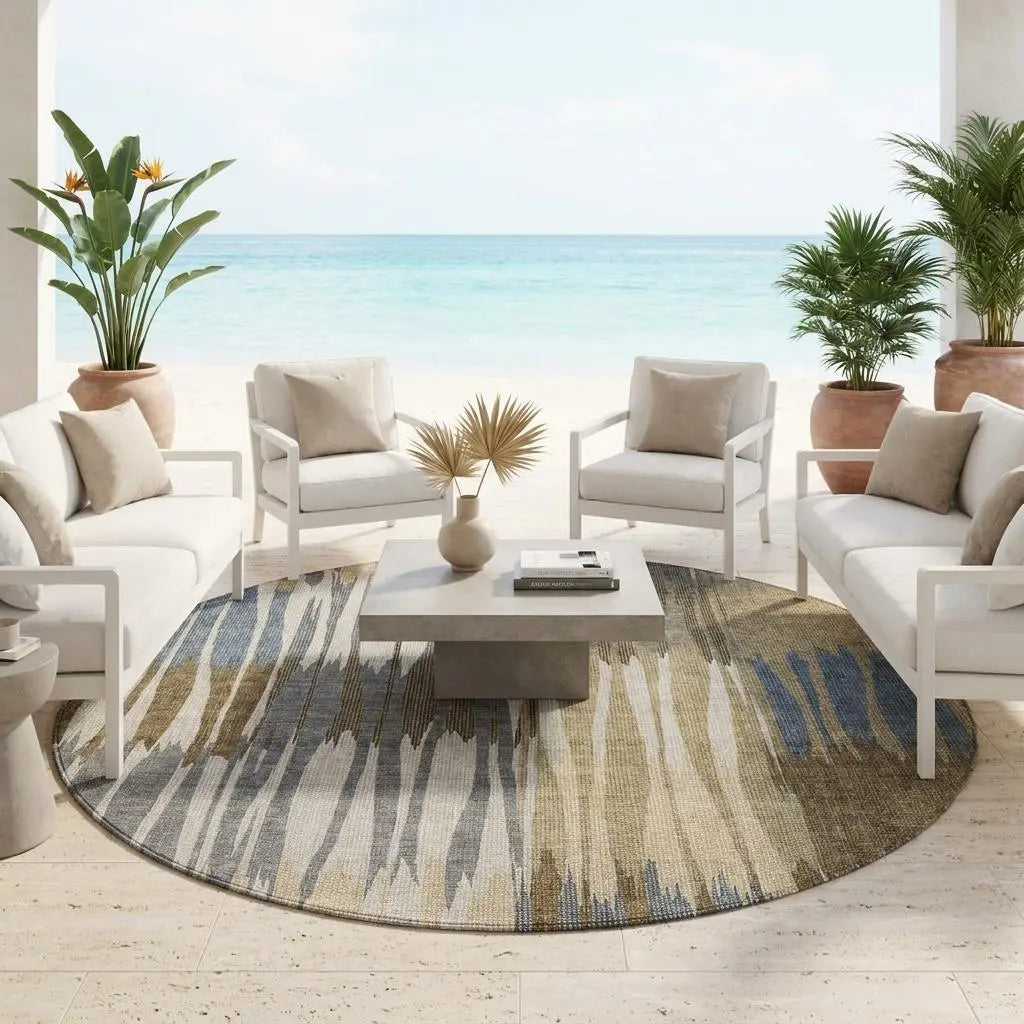 8' Beige And Brown Round Striped Washable Indoor Outdoor Area Rug Homeroots Outdoor