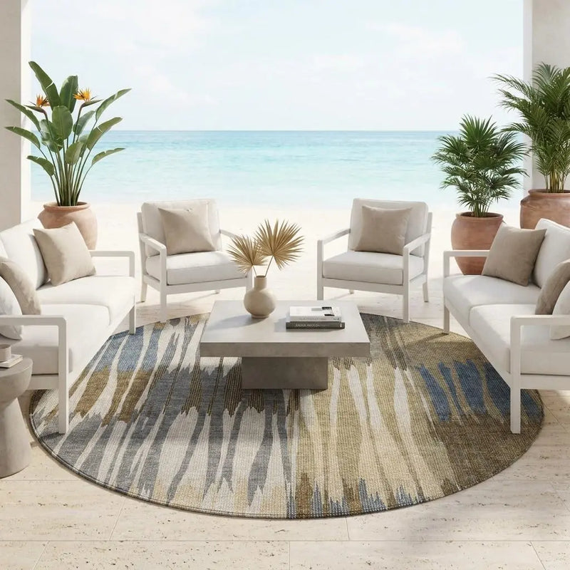 8' Beige And Brown Round Striped Washable Indoor Outdoor Area Rug Homeroots Outdoor