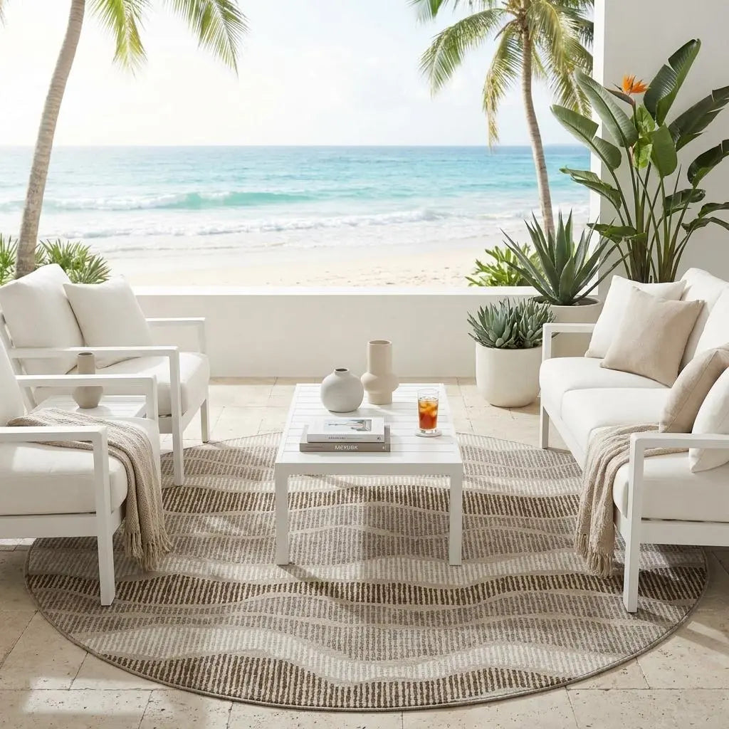8' Beige And Brown Round Striped Washable Indoor Outdoor Area Rug Homeroots Outdoor