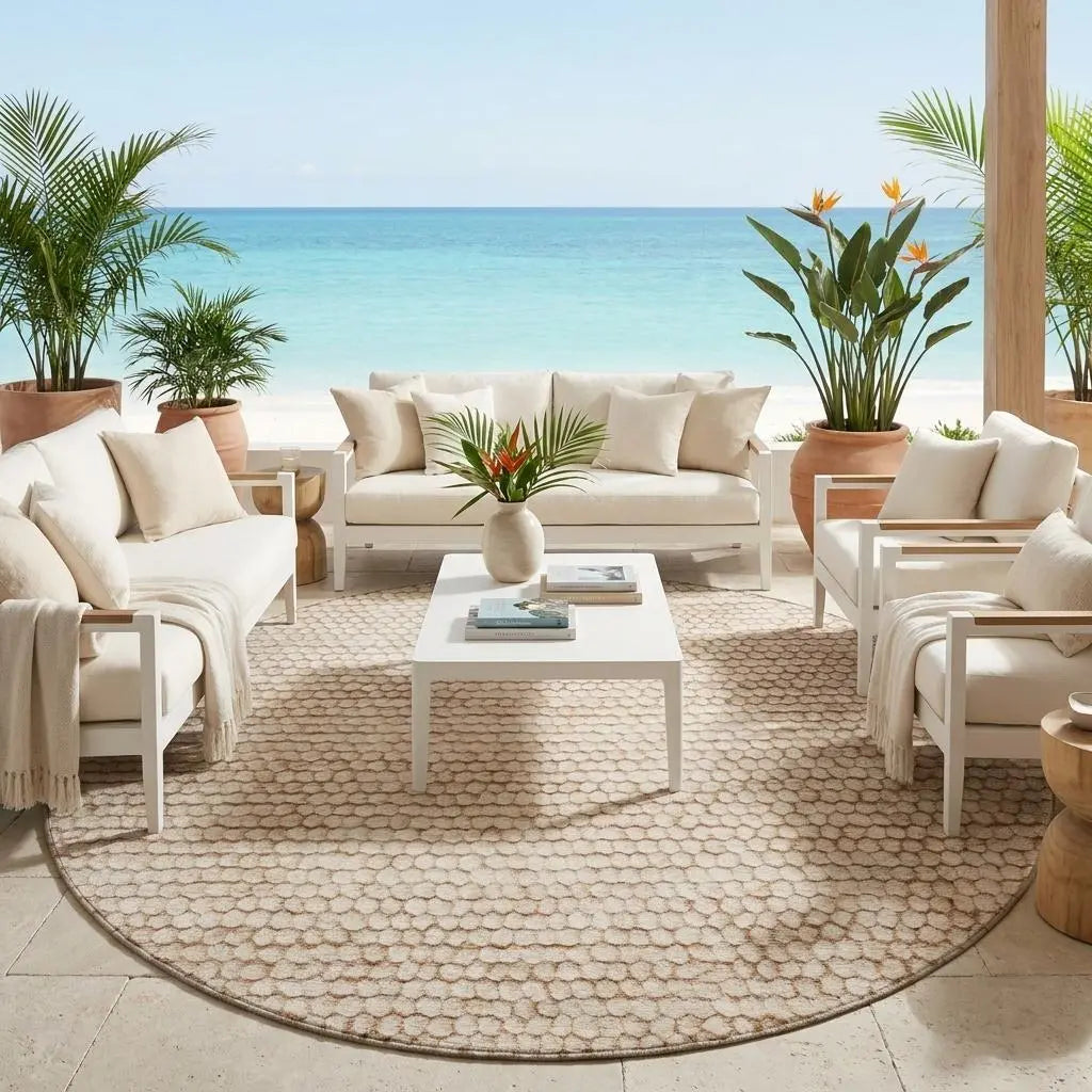 8' Beige And Brown Round Striped Washable Indoor Outdoor Area Rug Homeroots Outdoor