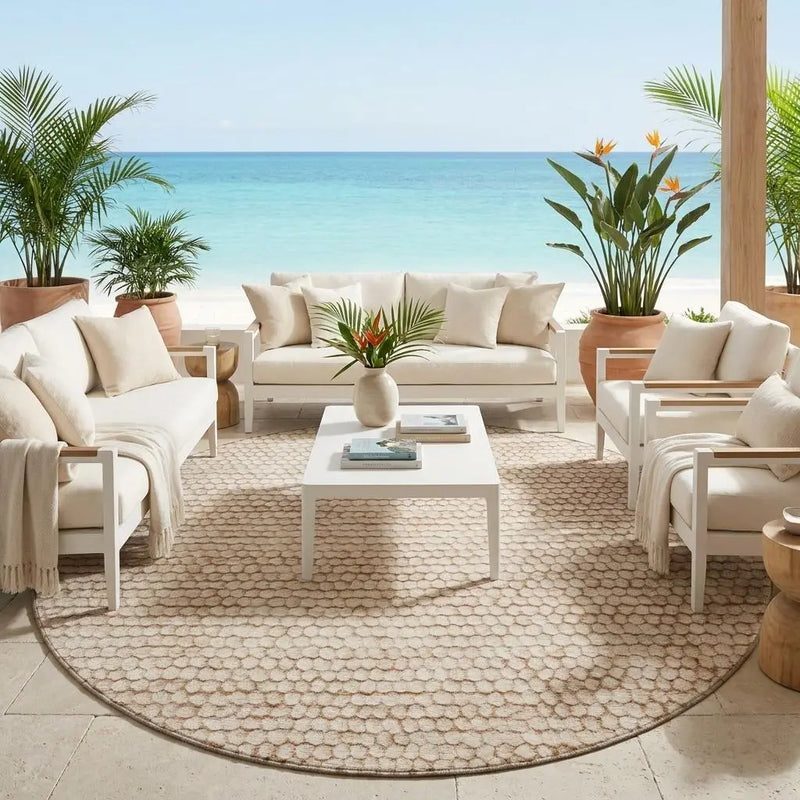 8' Beige And Brown Round Striped Washable Indoor Outdoor Area Rug Homeroots Outdoor