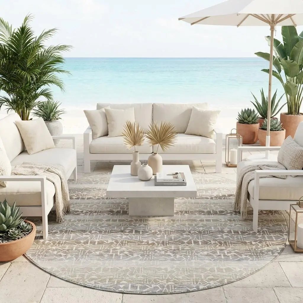 8' Beige And Brown Round Striped Washable Indoor Outdoor Area Rug Homeroots Outdoor