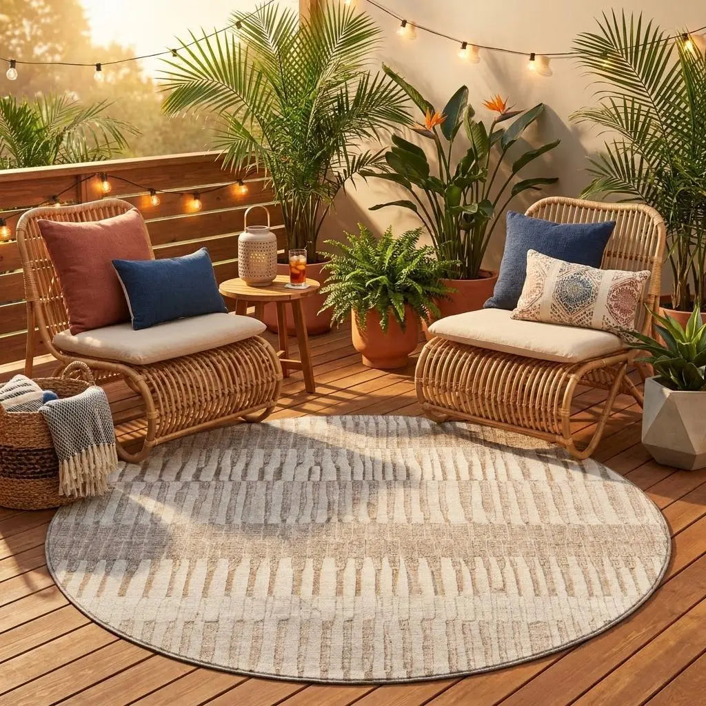 8' Beige And Brown Round Striped Washable Indoor Outdoor Area Rug Homeroots Outdoor