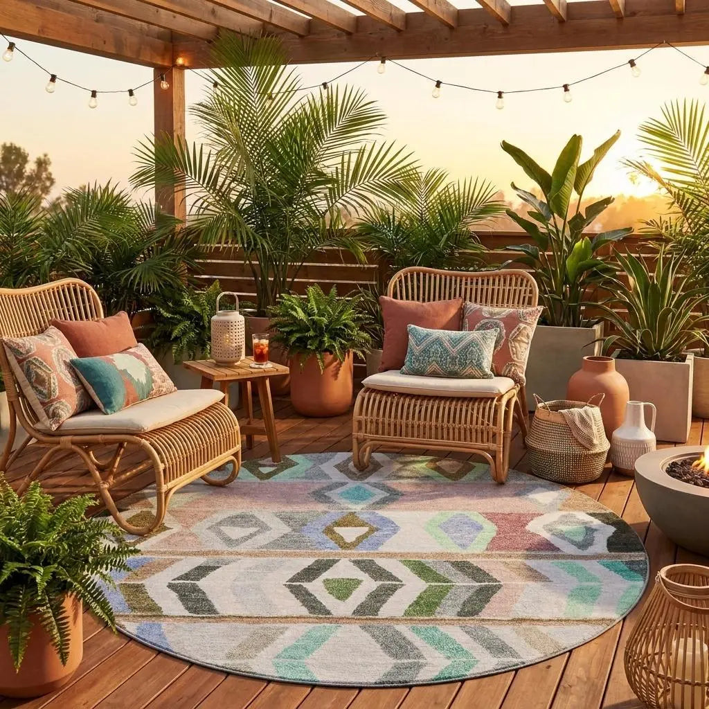 8' Beige And Brown Round Tribal Washable Indoor Outdoor Area Rug Homeroots Outdoor