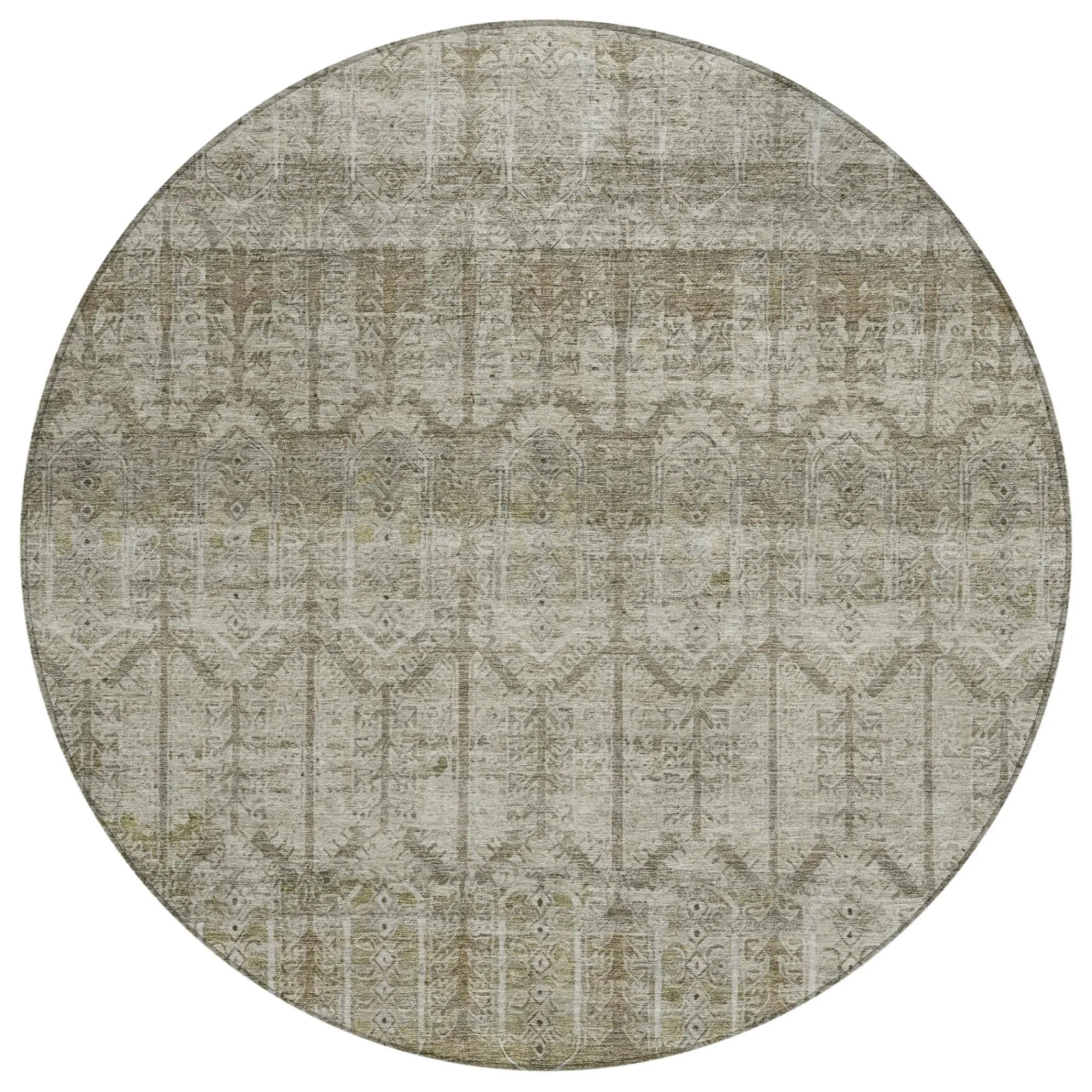 8' Beige And Brown Round Tribal Washable Indoor Outdoor Area Rug Homeroots Outdoor