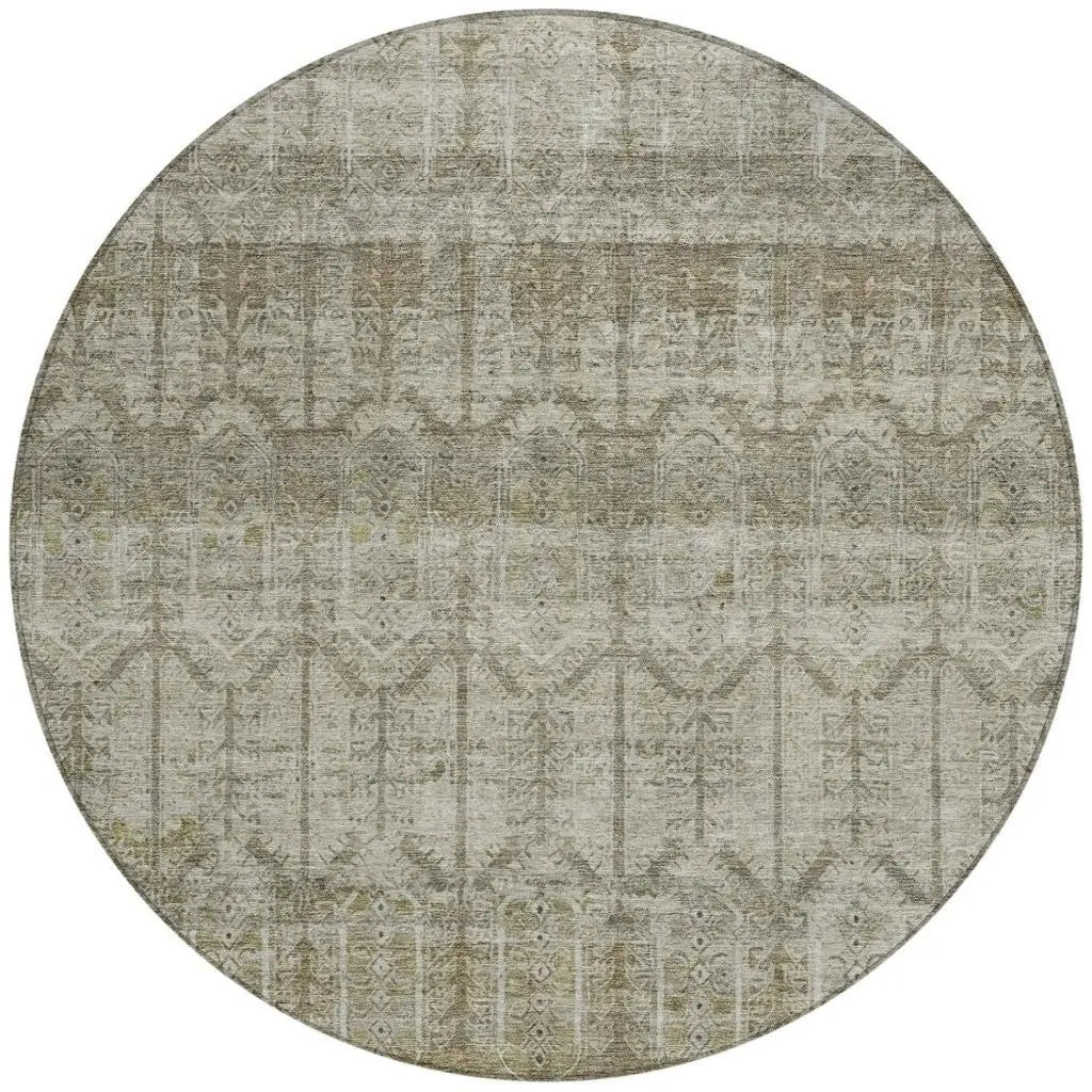 8' Beige And Brown Round Tribal Washable Indoor Outdoor Area Rug Homeroots Outdoor