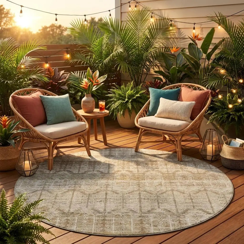 8' Beige And Brown Round Tribal Washable Indoor Outdoor Area Rug Homeroots Outdoor