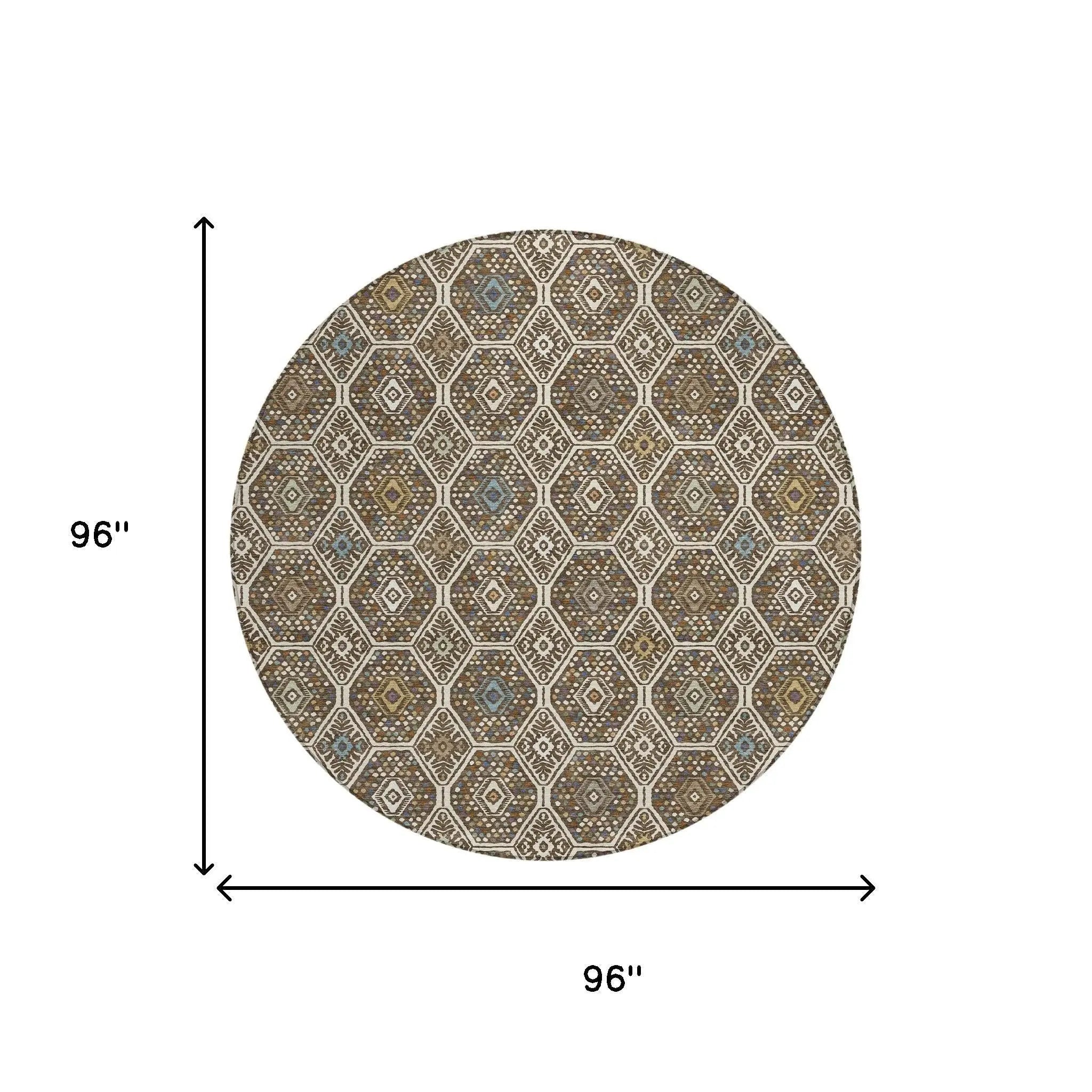 8' Beige And Chocolate Round Geometric Washable Indoor Outdoor Area Rug Homeroots Outdoor