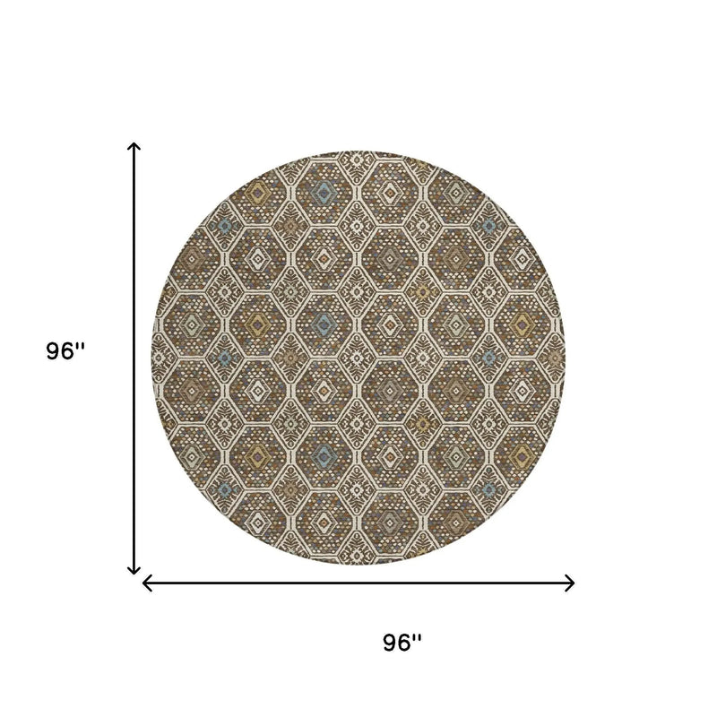 8' Beige And Chocolate Round Geometric Washable Indoor Outdoor Area Rug Homeroots Outdoor