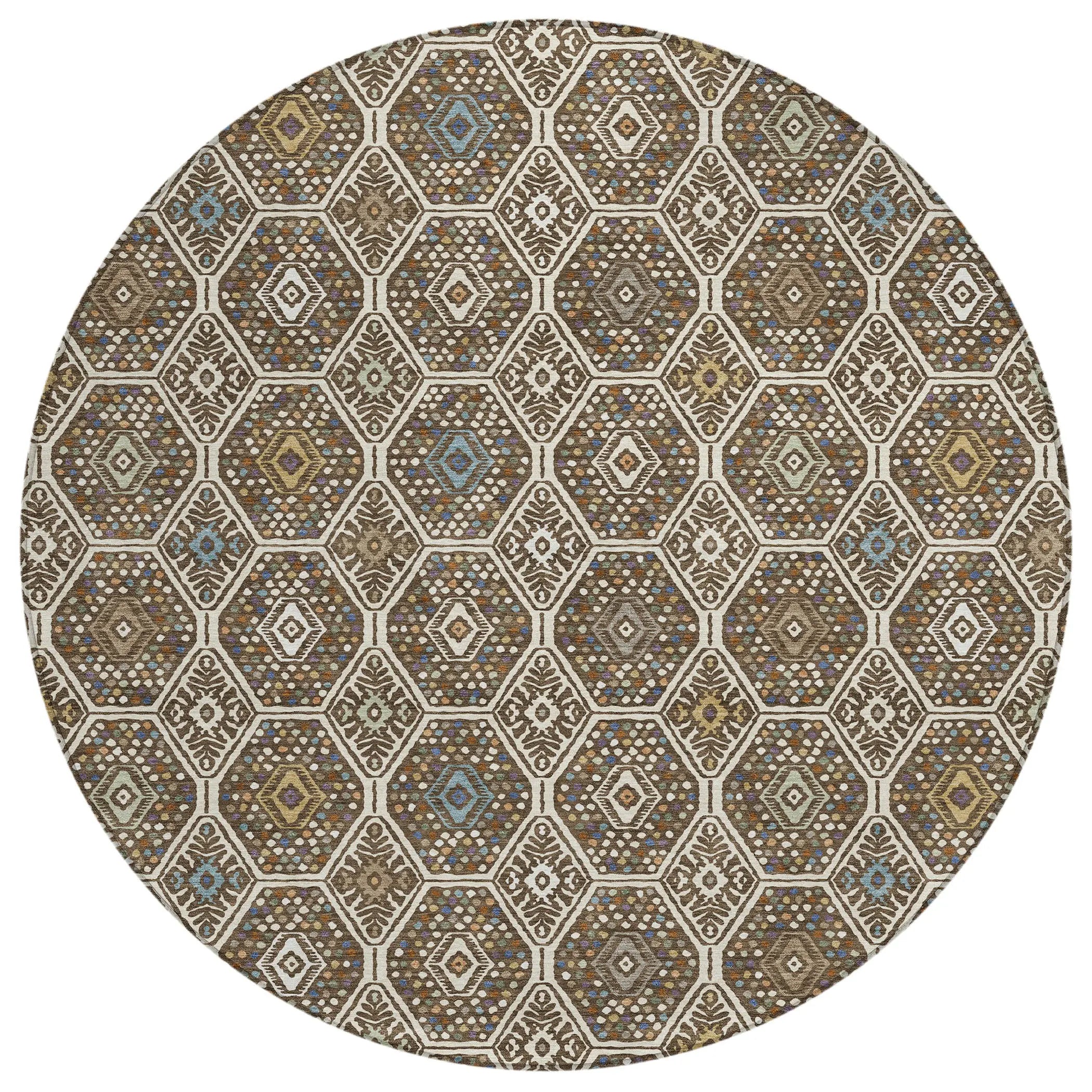 8' Beige And Chocolate Round Geometric Washable Indoor Outdoor Area Rug Homeroots Outdoor
