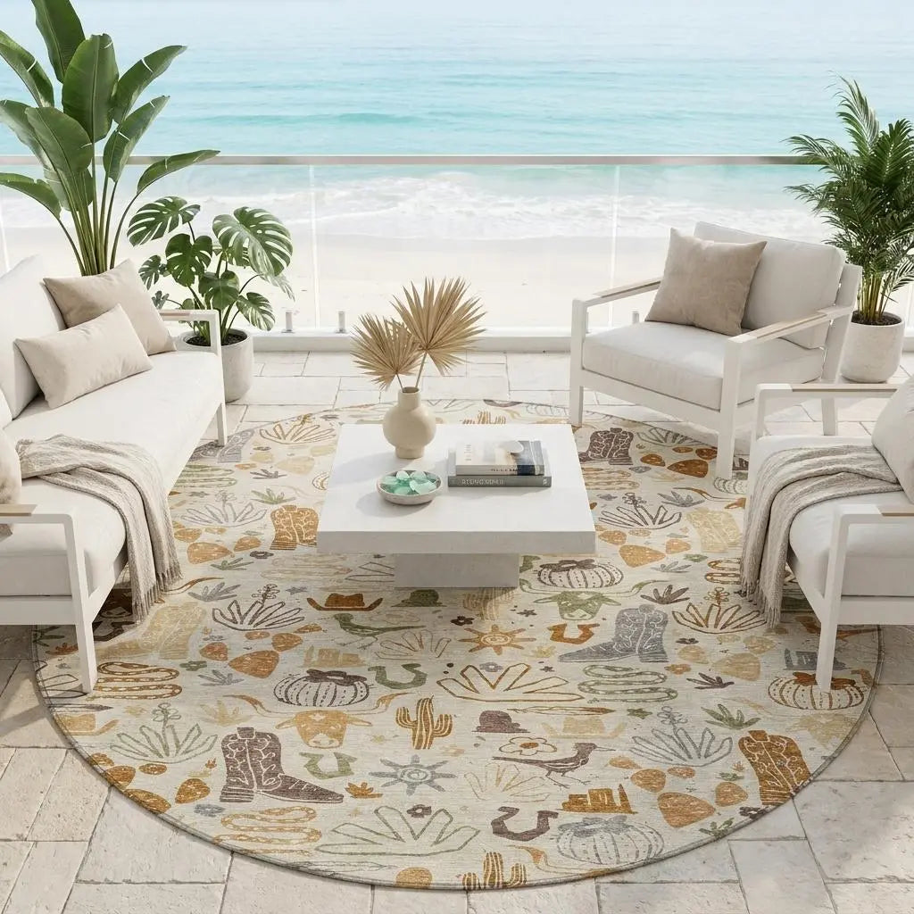 8' Beige And Copper Round Cactus Washable Indoor Outdoor Area Rug Homeroots Outdoor