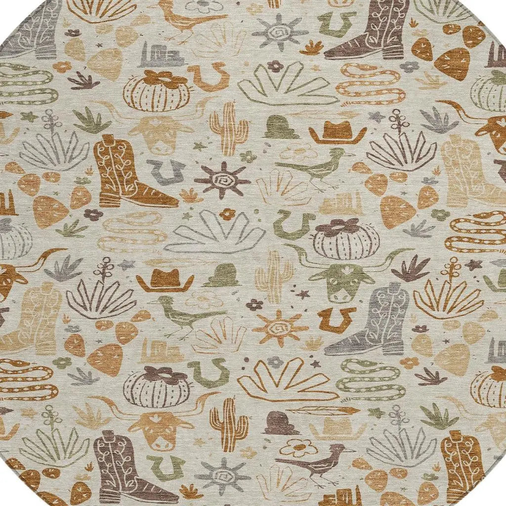 8' Beige And Copper Round Cactus Washable Indoor Outdoor Area Rug Homeroots Outdoor