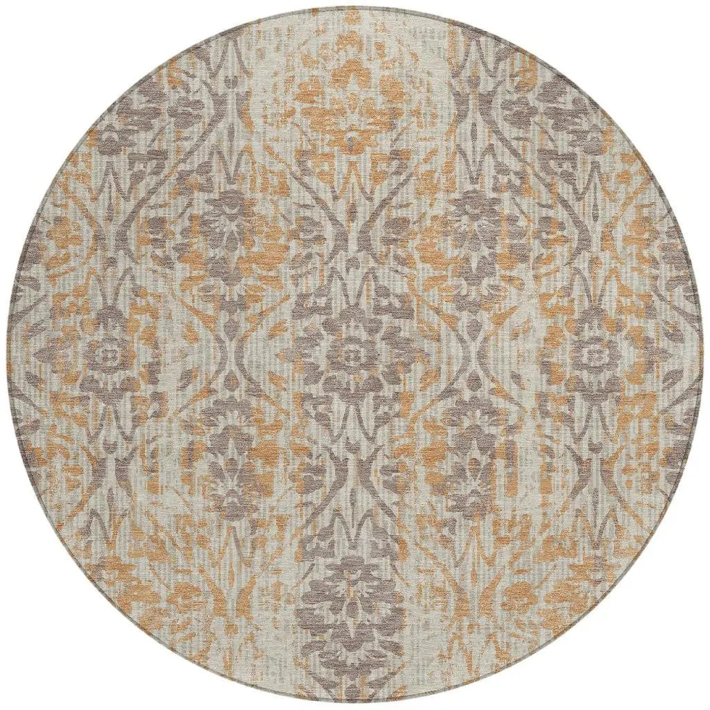 8' Beige And Copper Round Damask Washable Indoor Outdoor Area Rug Homeroots Outdoor