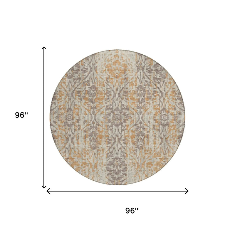 8' Beige And Copper Round Damask Washable Indoor Outdoor Area Rug Homeroots Outdoor